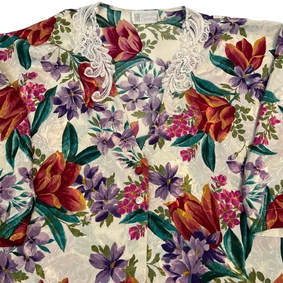 California Dynasty Floral Satin Robe Sz L Lace Trim Pockets 90s Lounge - Picture 3 of 8